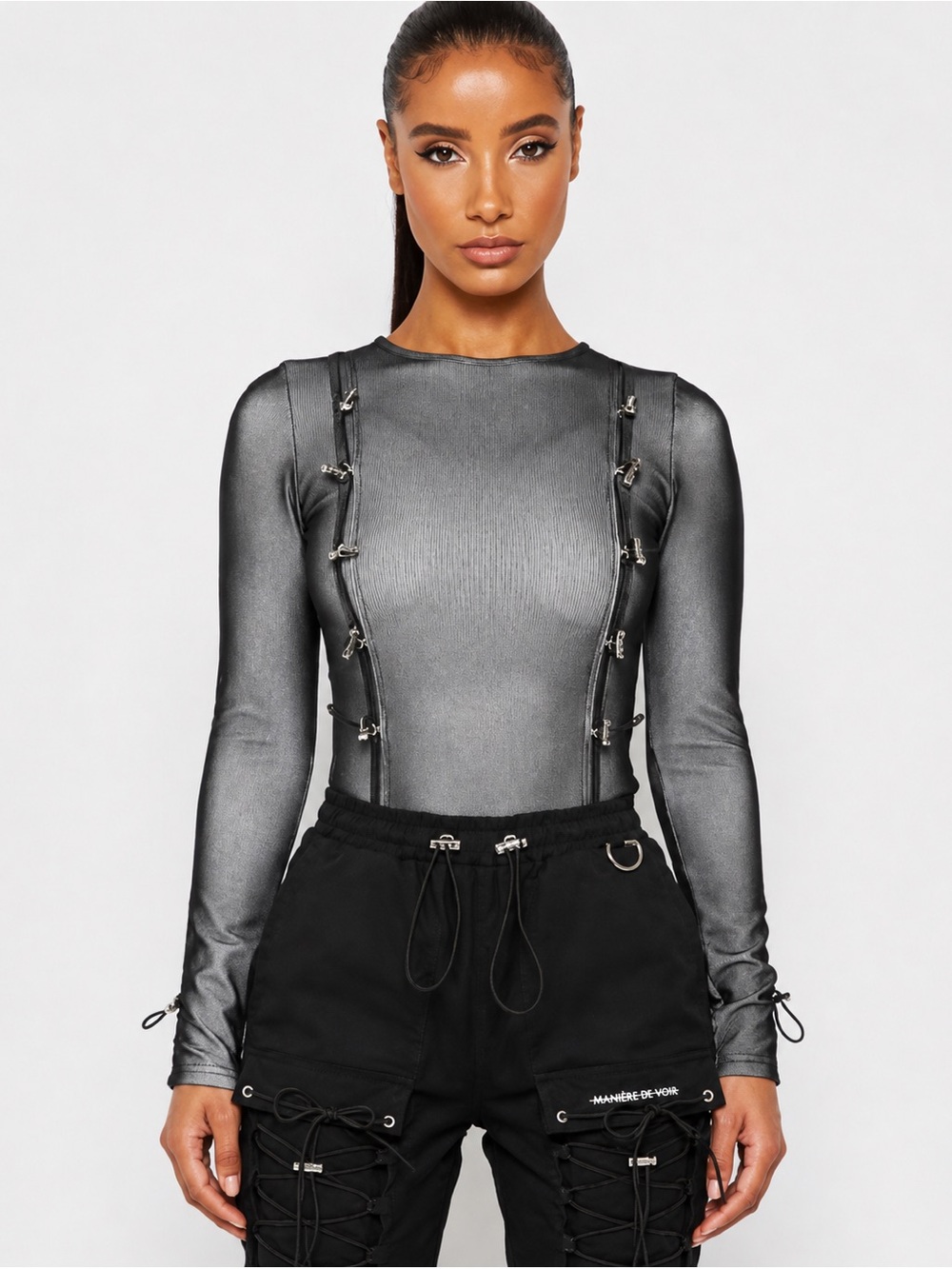 Maniere De Voir Mesh Sheer Long Sleeve Bodysuit
